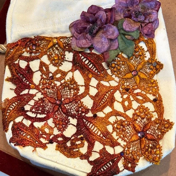 Handmade by Sivia Embroidered Floral and Lace on upcycled denim Shoulder Bag - Picture 6 of 10